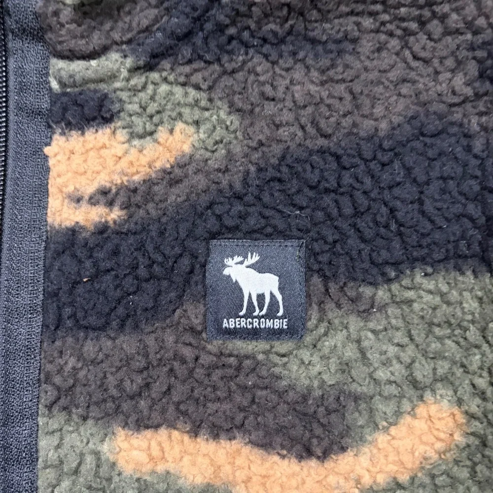 Abercrombie Boy Camo Sherpa Fleece Full Zip Hoodie Jacket Green Brown 13/14 ws
